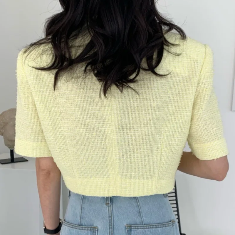 شيك شارع العليا قصيرة الأكمام سترة المحاصيل للنساء الصيف بلون بدلة أنيقة أبلى جيوب سيدة رداء قصير