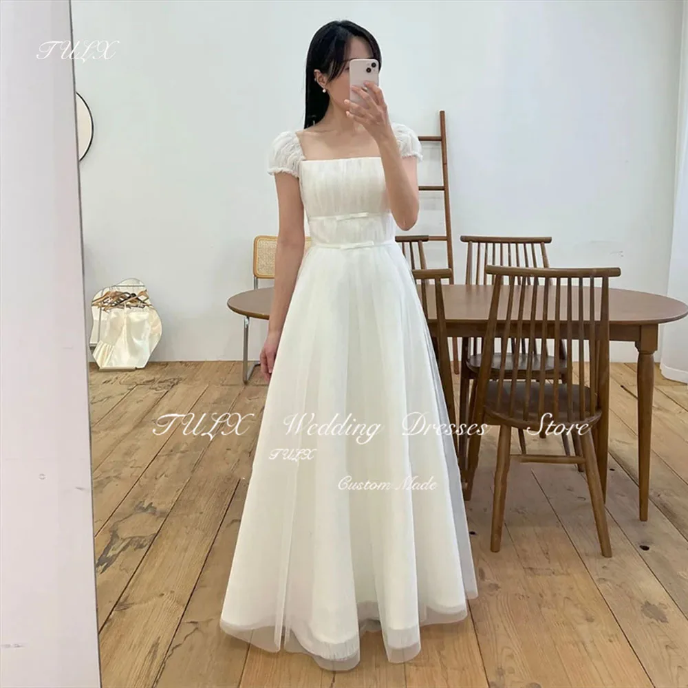 

TULX Elegant Square Neck Fashion Korea Ruched Wedding Dresses Photo Shoot A-Line Floor Length Short Sleeves Custom Bridal Gown