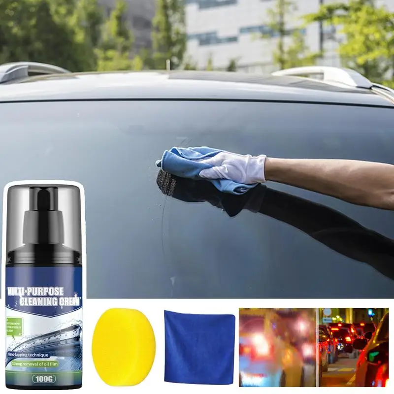 Oil Film Remover For Car Window Car Windshield Cleaner 100g Car Coating Agent With Sponge Towel For Windshield Removes Excess