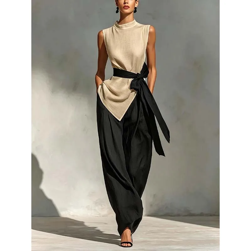 

Elegant O-neck Sleeveless Top & Long Pants Suits Women Fashion Lace-Up Waist Solid 2Pcs Outfits Sexy Irregular Loose Summer Sets