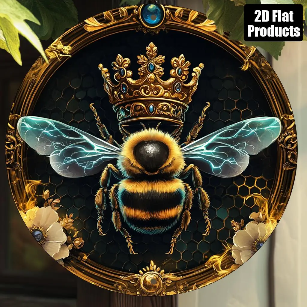 1pc Queen Bee Themed Round Aluminum Sign - 8x8 Inch HD 2D Art Decor with Golden Crown & Floral Design, Vintage Style Wall Decora