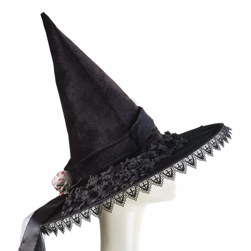 Halloween Schedel Heksenhoed Met Zwarte Rozen Sluier Lint Mannen Vrouwen Feest Hoofdtooi Gotische Cosplay Rekwisieten Decors