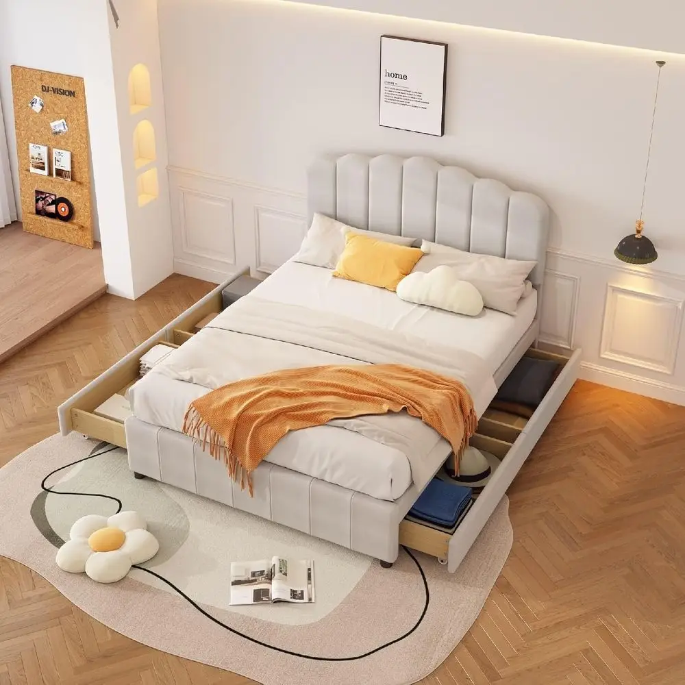 إطار سرير بمنصة كاملة الحجم للرجال مع 4 أدراج تخزين، بيج، دعامة خشبية، 76 لتر × 53.9 وات × 43.7 ارتفاع