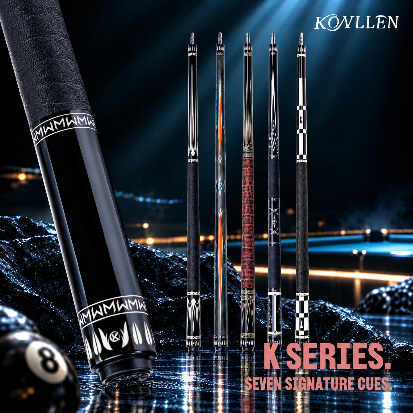 Pool Cue Carbon Fiber Shaft Low Deflection Pro Taper 11.8-12.4mm Tip 3/8x8 Joint 58in 18-20oz 7 Designs KONLLEN K Series