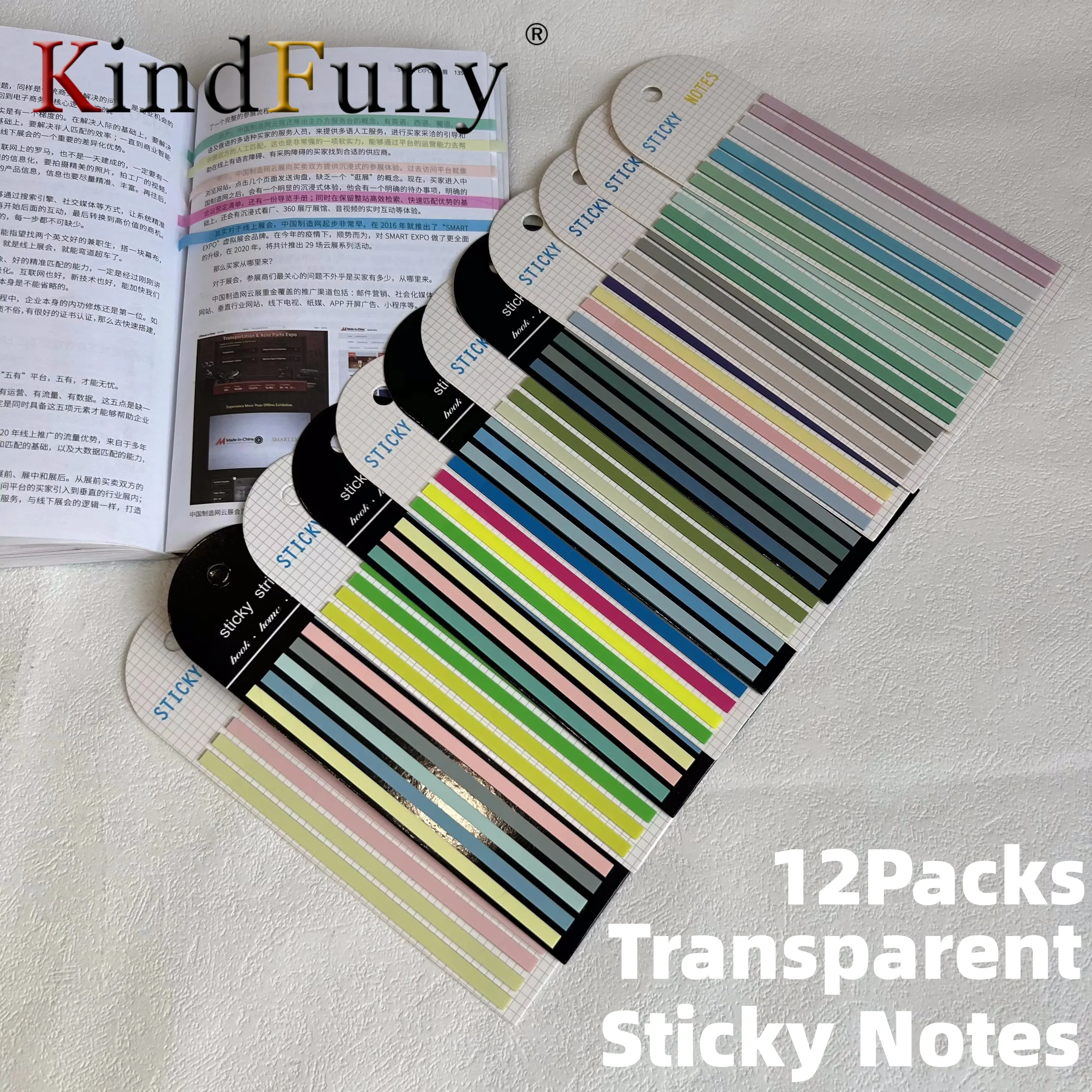 KindFuny 12 Packs Transparent Sticky Notes Sticky Bookmarks Memo Pad Reading Annotation Index Tabs Notepad for Books Stationery