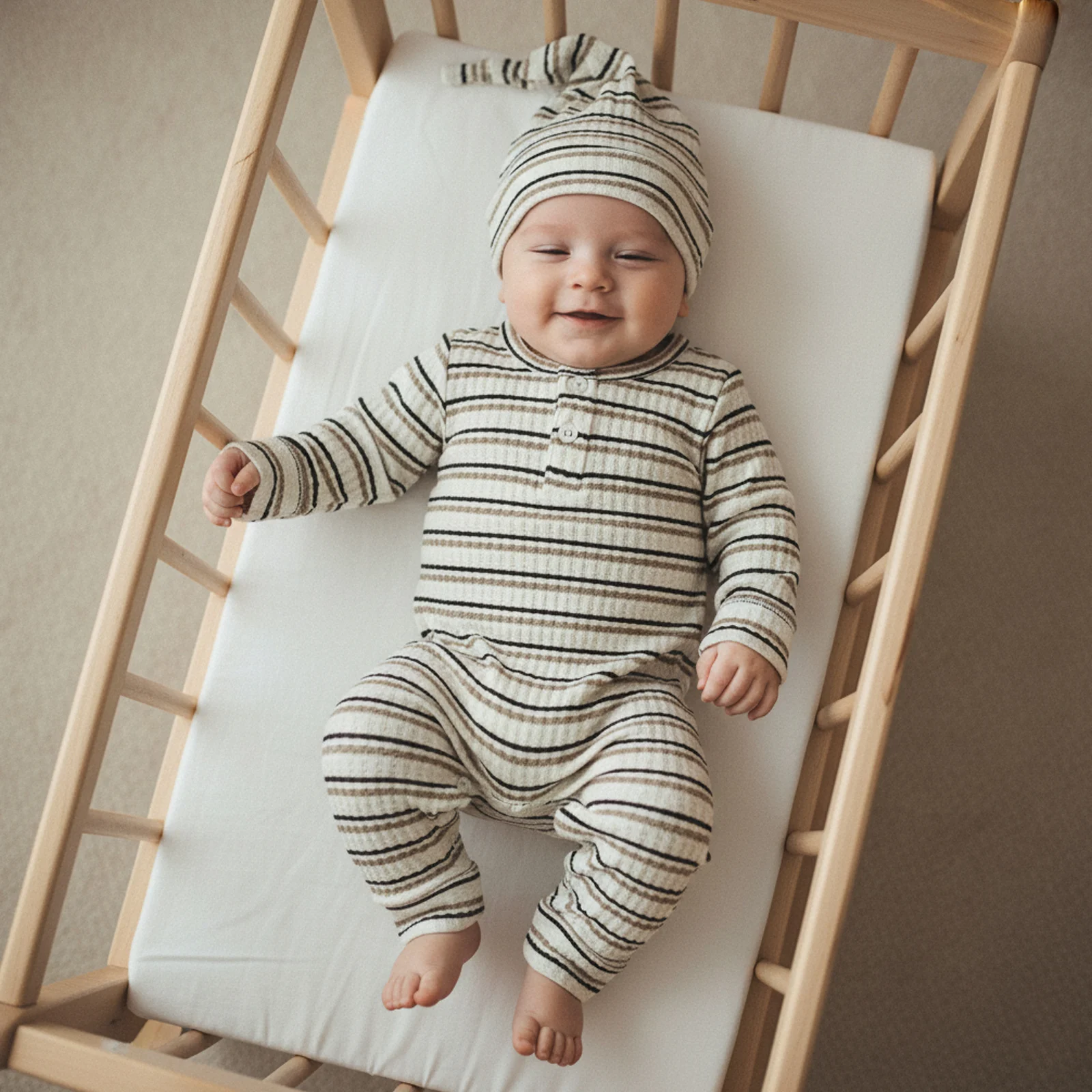 

Одежда для новорожденных мальчиков, полосатый комбинезон с длинными рукавами и шапочка с завязками, весенний комплект из 2 предметов