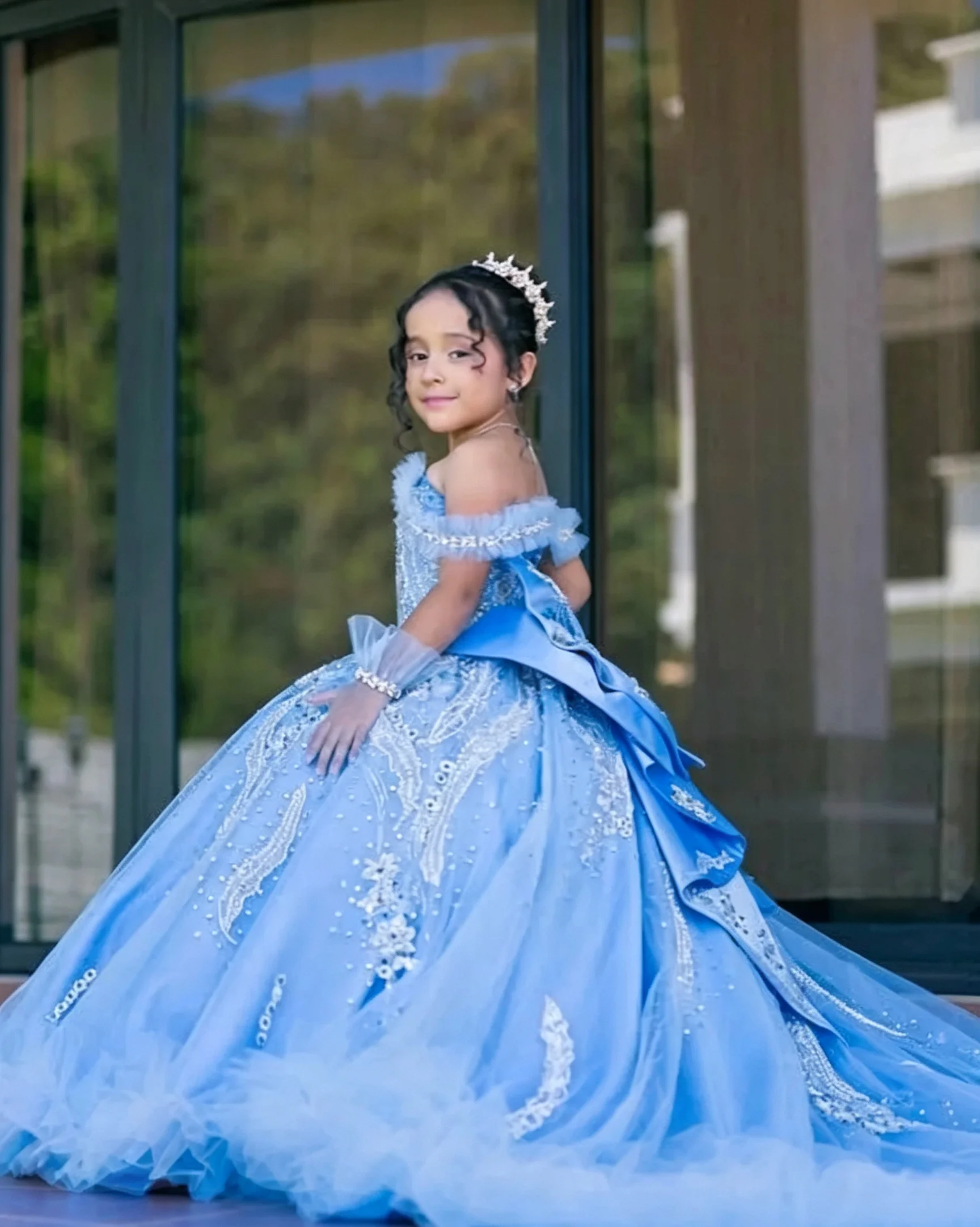 Luxury Flower Girl Dress for Wedding Off Shoulder Beading Applique with Bow Kids Birthday Party First Communion Ball Gown Custom