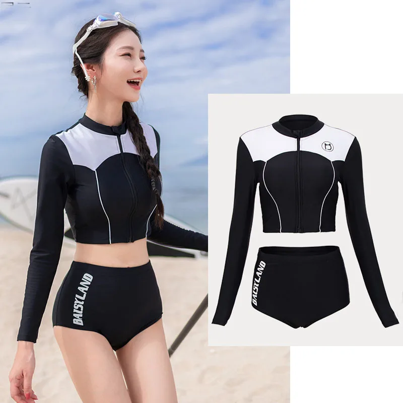 Womens Rash Guard Swimsuit Long Sleeve Sun Protection Sport Wetsuit Two Piece Swimsuit Set Crop Top with High Waist Bottom