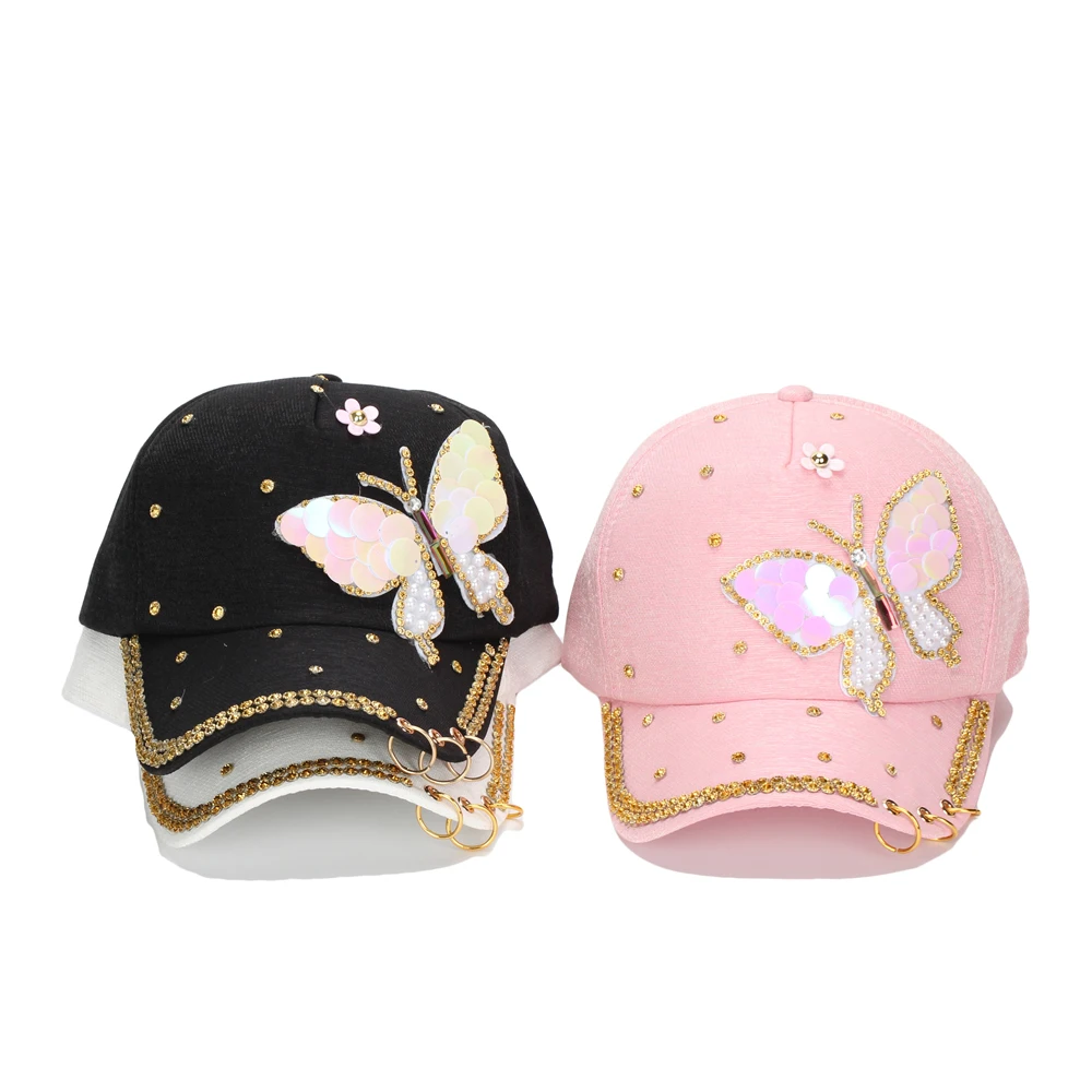 Fashion Baseball Caps Hat for Women Butterfly Diamond Studded Outdoor Baseball Cap Ladies Casquatte Cap Metal Three Ring Sun Hat