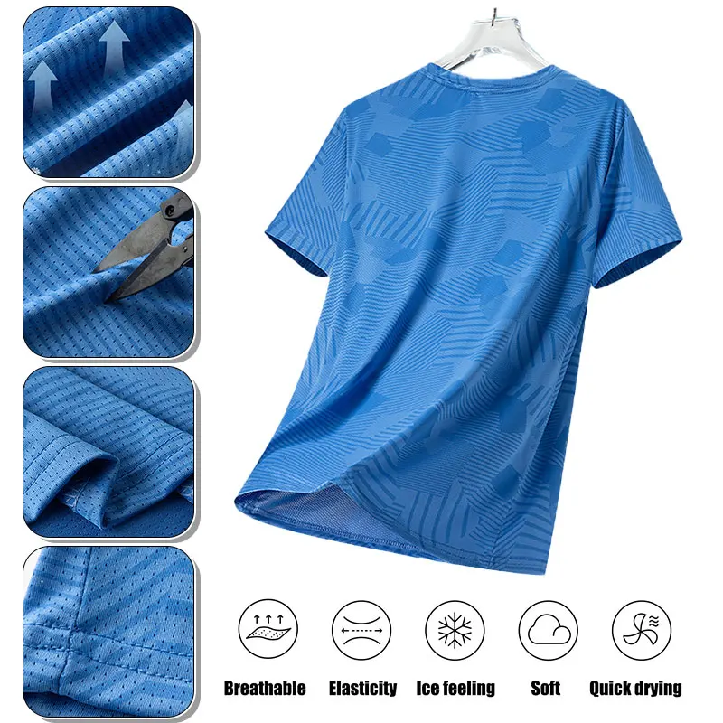 Men's Ice Silk T-shirt Summer Running Fitness Color Matching Quick-Drying Short Sleeves Men Loose Breathable Sports T-Shirt