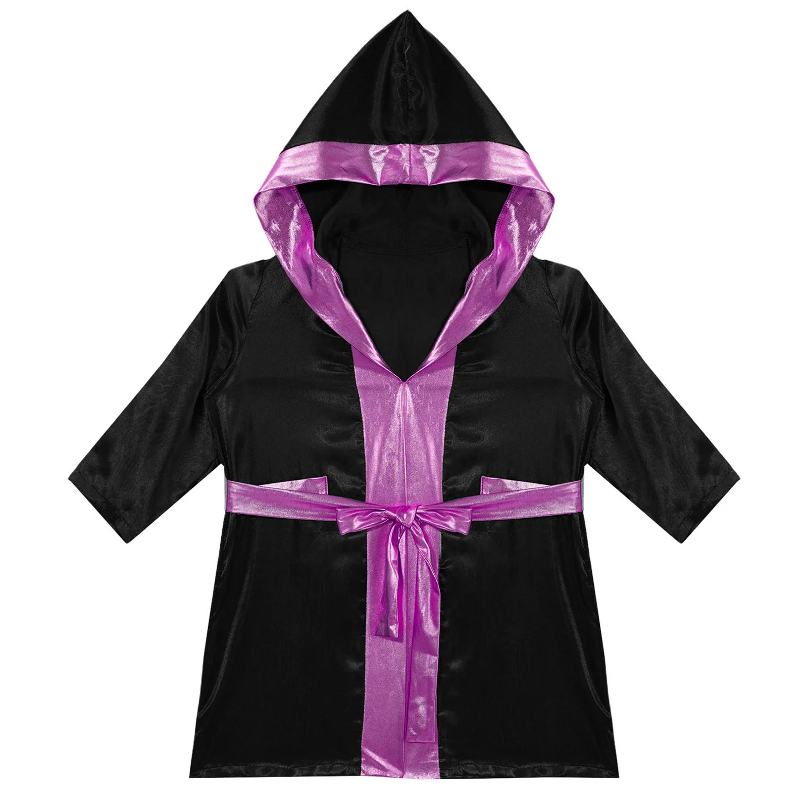 Kids Boys Boxing Hooded Robe Halloween Party Boxer Cosplay Costume Long Sleeve Open Front Metallic Trim Satin Cloak with Belt