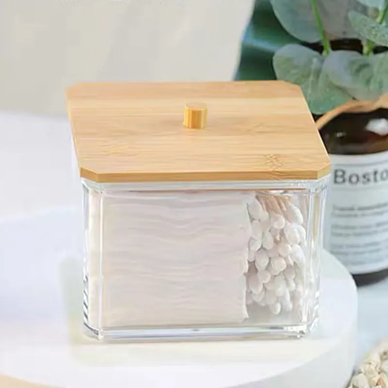 【Hot sales】Square cotton swab box Plastic bamboo cover cotton swab simple makeup remover cotton storage box