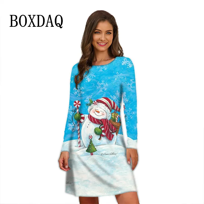 Christmas Snowman Party Dresses For Winter 2023 Women Clothing Oversized Long Sleeve O-Neck Casual Cute 3D Snowflake Mini Dress