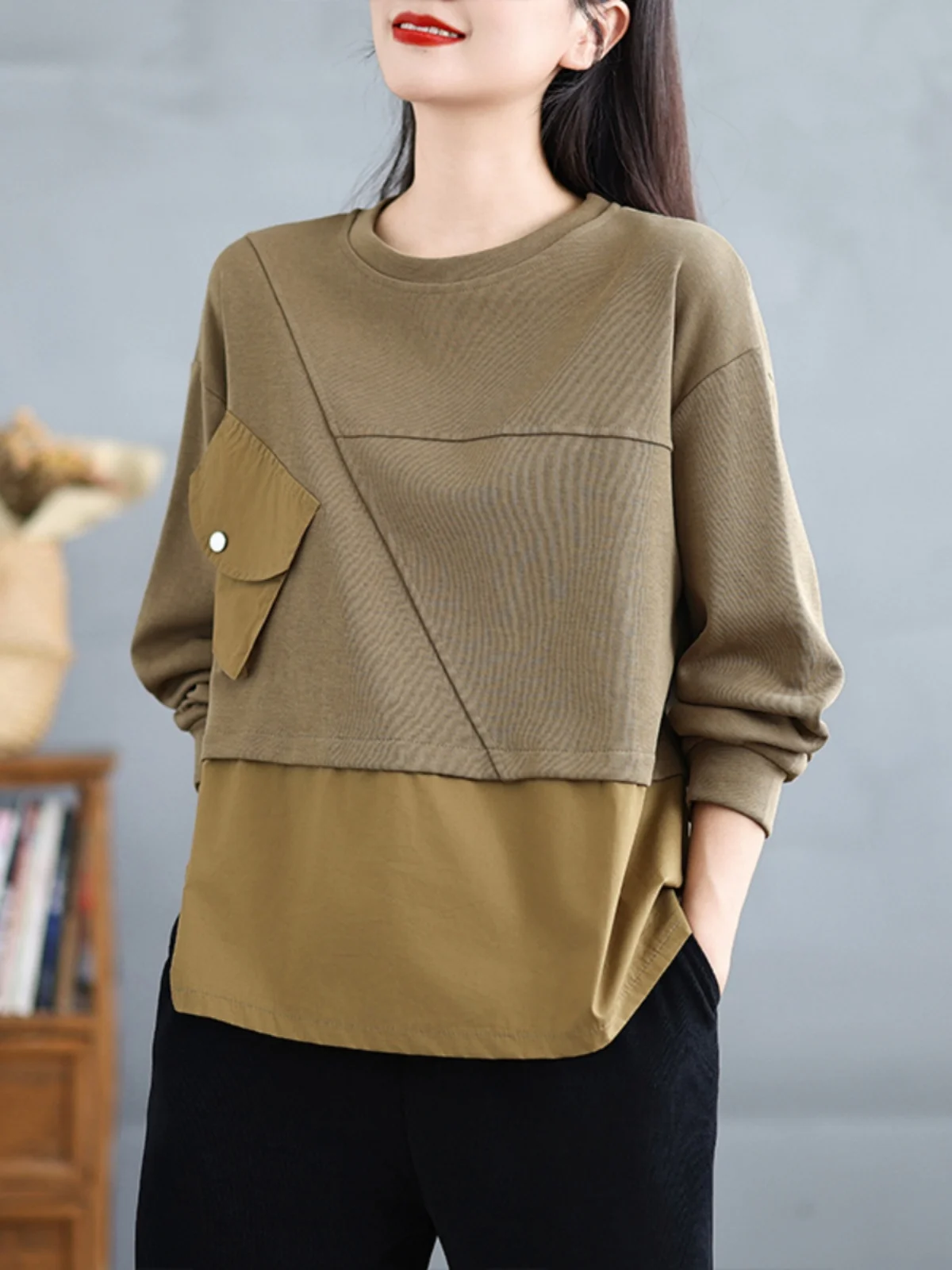 Taglie forti Casual Allentato Lungo Sve round Ne Felpa da donna T-shirt alla moda con grandi ket per la primavera autunno