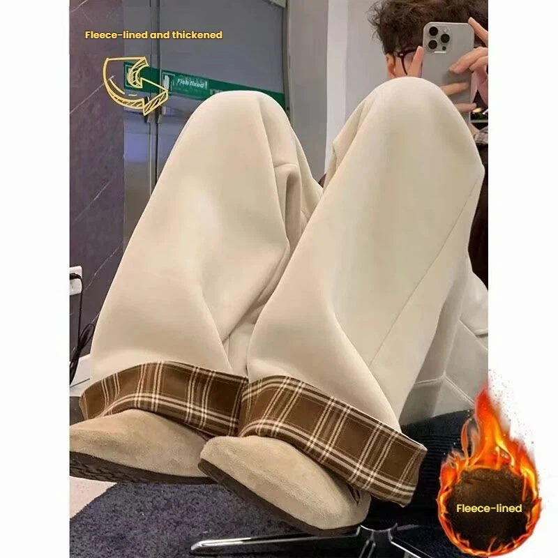 

Heavyweight sweatpants for men and women in winter American plaid spliced ​​woolen pants trendy brand versatile loose trousers