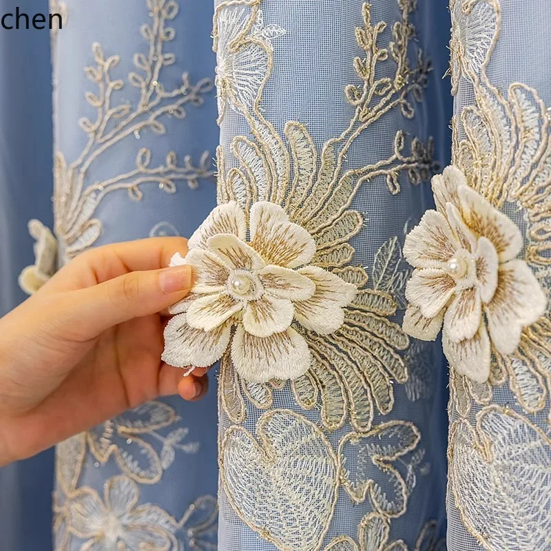 HTT Custom New Embroidered Relief Bedroom Living Room Balcony Double Layer Integrated Lace Finished Blackout Decorative Curtains