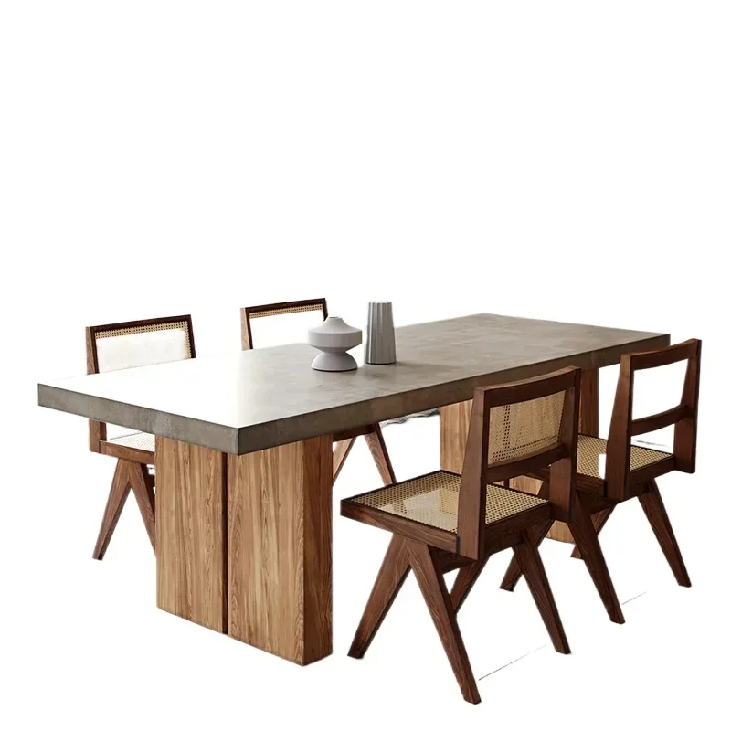 Cement gray desk wabi wind rectangular workbench Nordic solid wood dining table and chairs Home retro desk