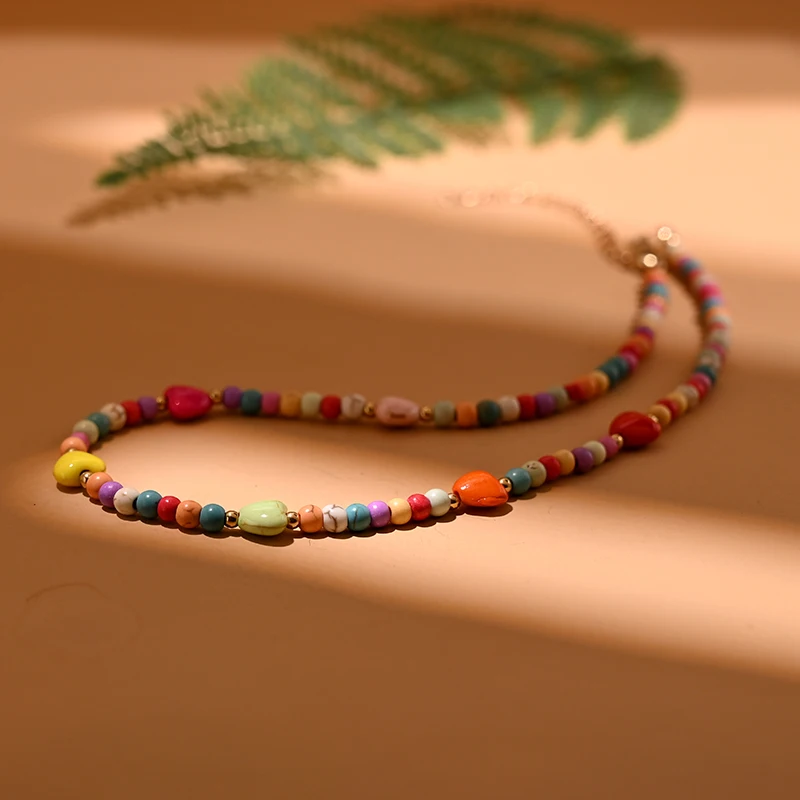 4mm Colorful Beads Stone Heart Choker Fashion Bohemian Summer New Necklace for Women Jewelry MOON GIRL Design