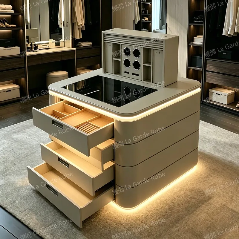 Mange Cloakroom Leather Medium Size Island Electric Smart Lifting Makeup Mirror Jewelry Cabinet Watch Shaker Storage Box