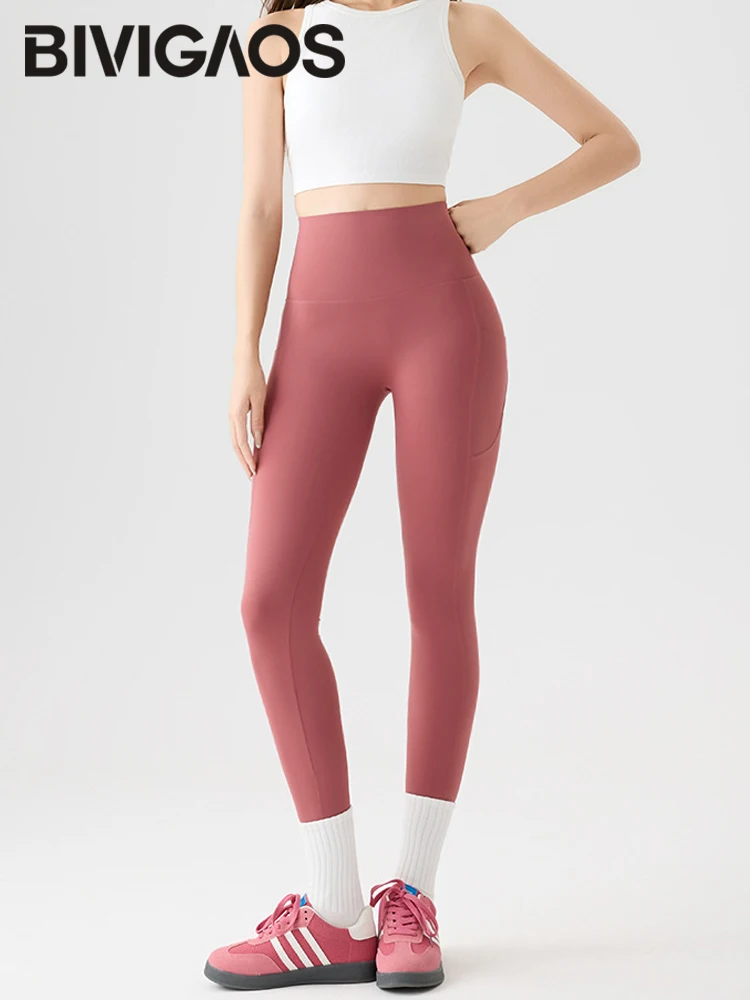 BIVIGAOS ฤดูใบไม้ผลิฤดูใบไม้ร่วงกระเป๋าด้านข้างคู่ Sharkskin กางเกงขายาวผู้หญิงแน่นยืดหยุ่นสูงเอวกีฬาฟิตเนสวิ่งกางเกงขายาว