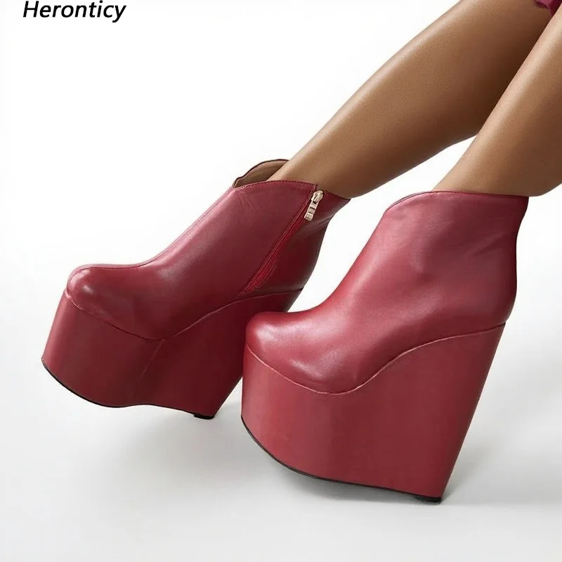 Heronticy Handmade Women Winter Ankle Boots Wedges Heels Round Toe Classics Black Clubwear Shoes Ladies US Plus Size 5-15