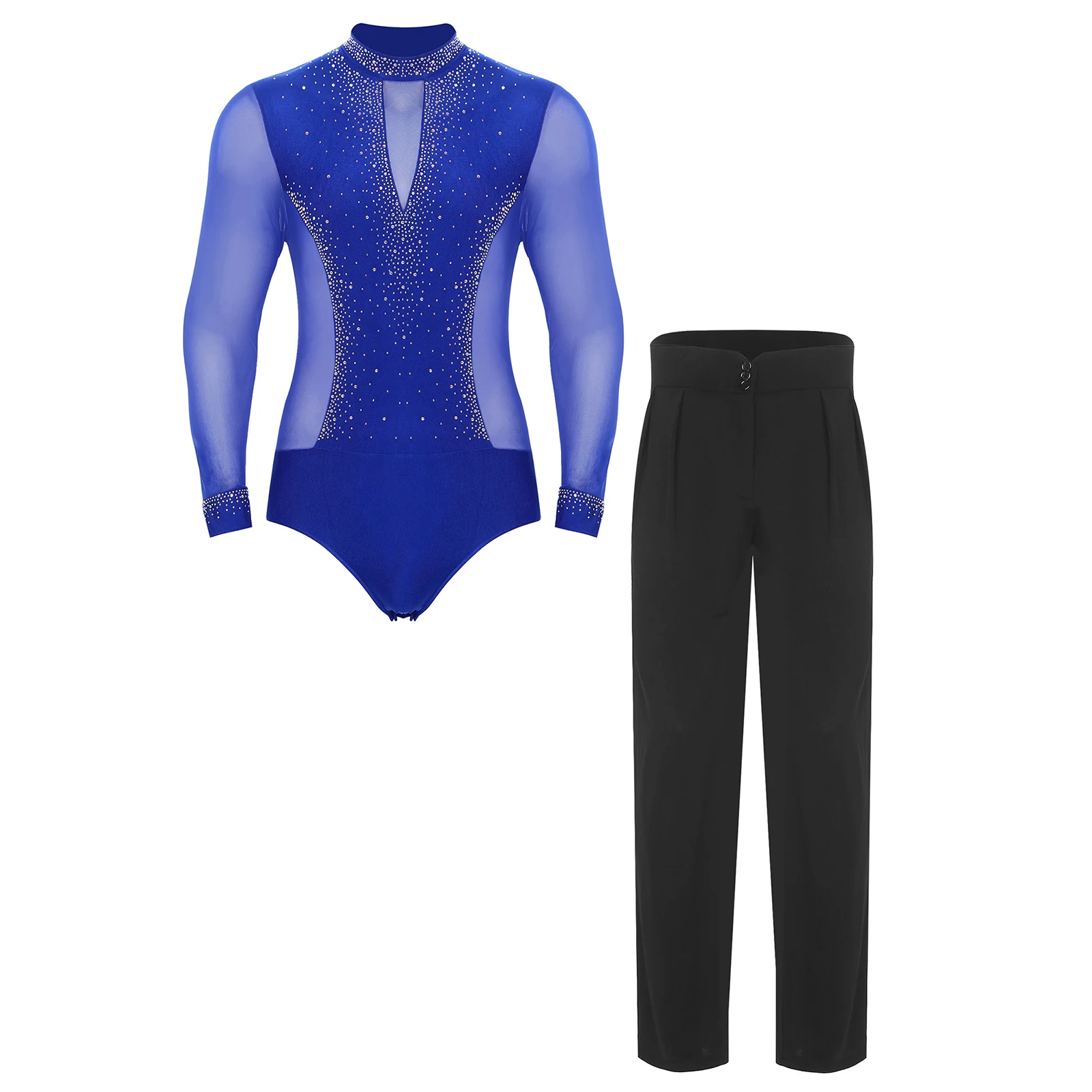 Abiti da ballo latino da uomo Collo a lupetto Manica lunga Strass lucidi Body in rete Body e pantaloni Pattinaggio di figura Chacha Dancewear