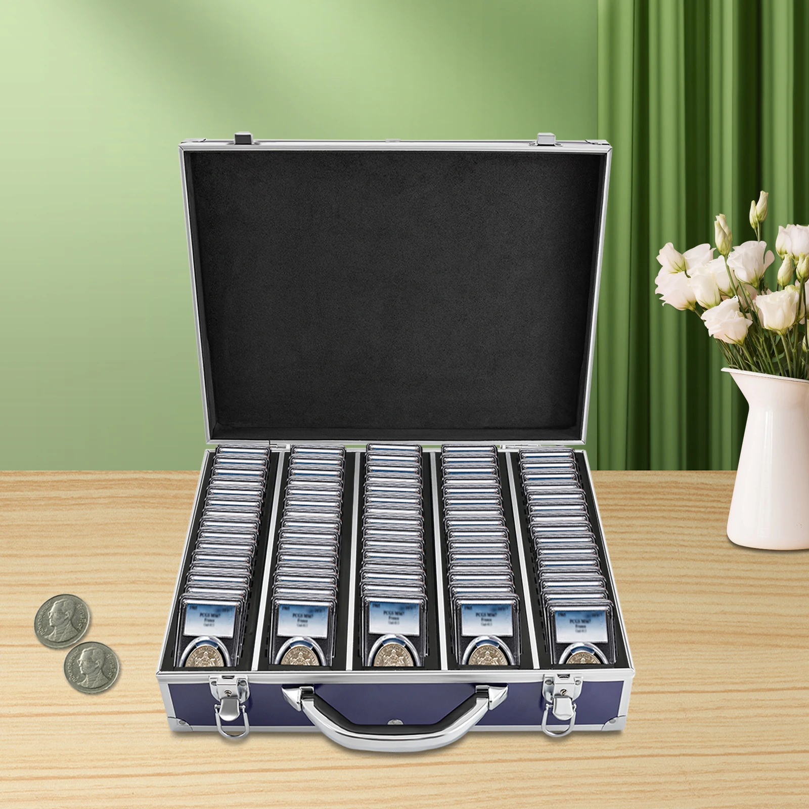 Blue Coin Organizer with High-Security Lock - 100 Coins Capacity