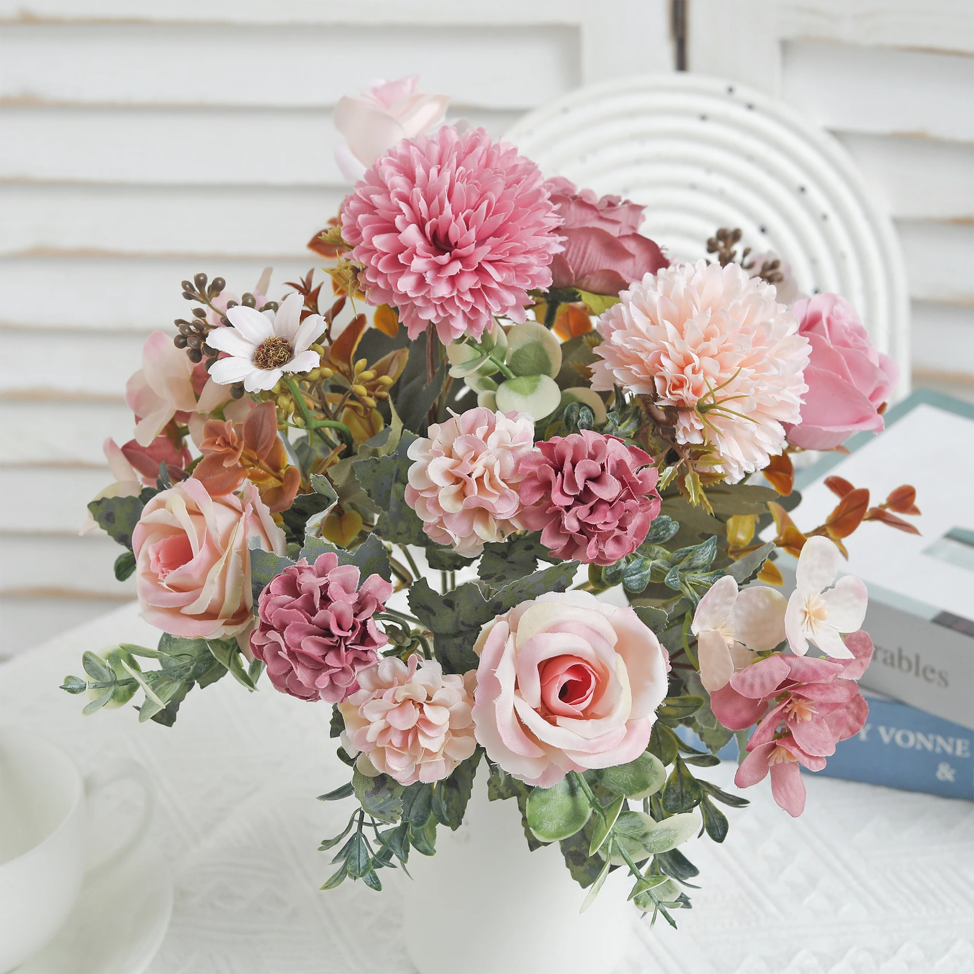 باقة الورد الفاوانيا الزهور الاصطناعية لزفاف العروس اكسسوارات الديكور طاولة غرفة المنزل الحرفية زهرة الهندباء الكوبية