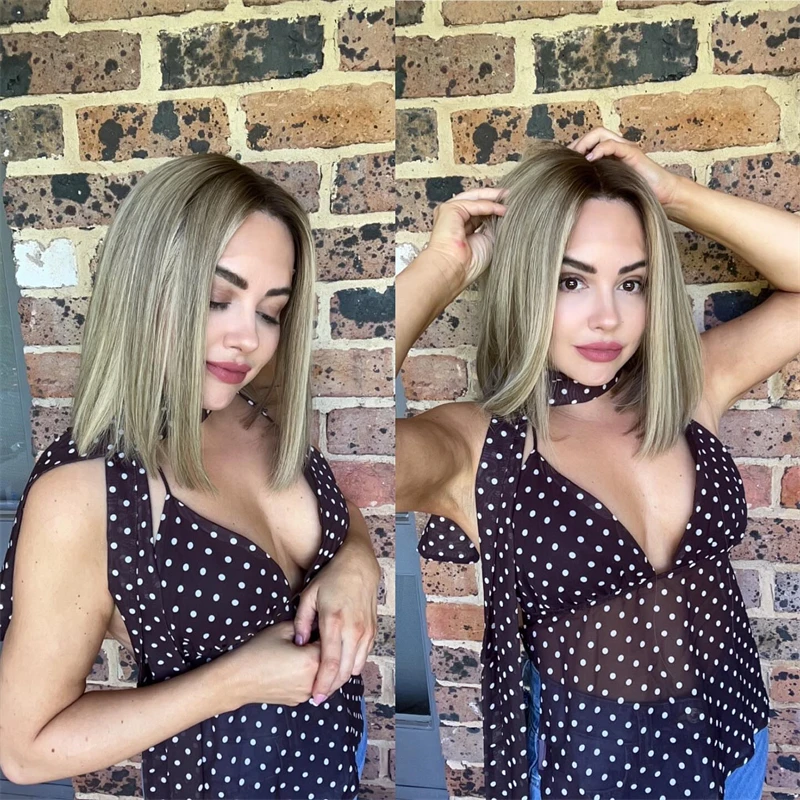 متوسط الحجم قبعة مستقيم بوب أومبير الرماد شقراء الاصطناعية HD الدانتيل شعر مستعار أمامي Balayage قبل قطعها شعري طول الكتف شعر مستعار 12''