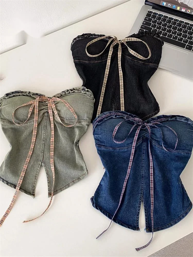 Retro Denim Tank Top Strapless Split Bow Shirred Distressed Ladies Mini Bustier  Summer Hotsweet Workwear Crop Top