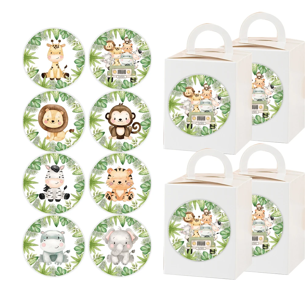 Animais selvagens Dos Desenhos Animados Adesivos para Crianças, Adesivo Redondo, Selva Safari, Happy Birthday Party Decor, DIY Cookie Packaging Supplies, 112Pcs