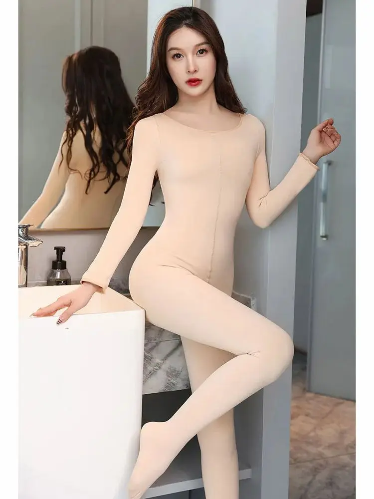 Unisex Autumn Winter Fleece Bodystocking Zipper Open Crotch Bodysuit Tights Sexy Leotard Conjoined Lingerie Thermal Pyjamas Body