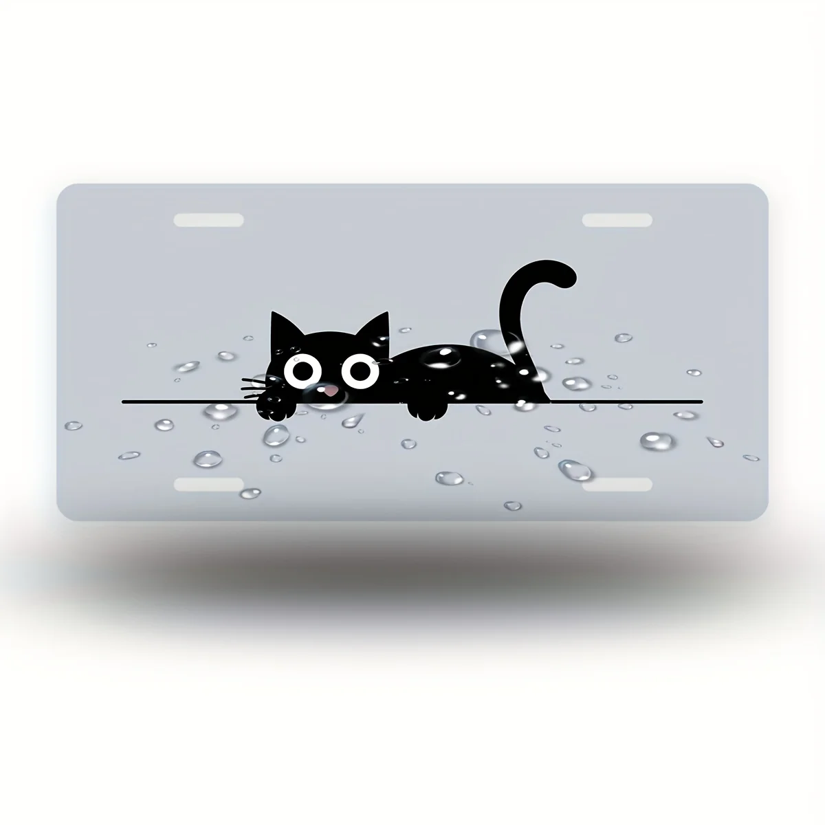 2D flat Black Cat Tail Up Decorative Aluminum License Plate Cover, Front Car Tag Frame for Men and Women, Vehicle Accessory