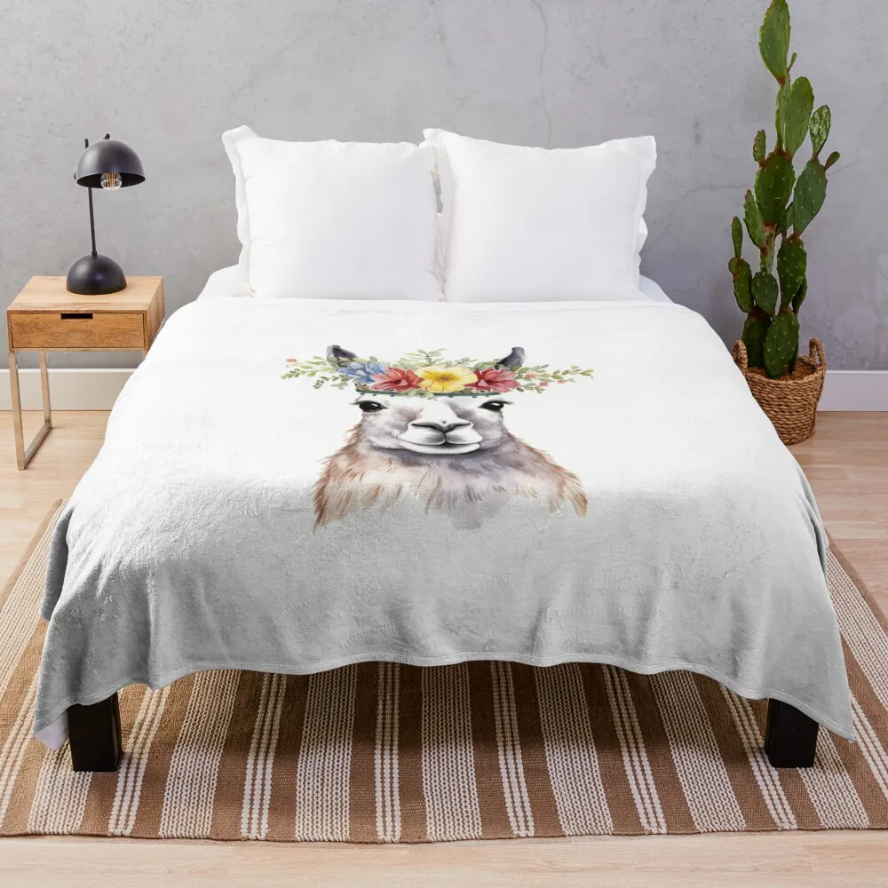 

Watercolor Lama wearing a Flower Crown Throw Blanket Cute Bed covers Blankets Sofas Of Decoration Blankets