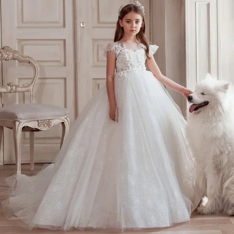 

Tulle Flower Girl Dresses Birthday Party Banquet Gowns White Flower Pattern Appliques With Trailing Short Sleeve For Wedding