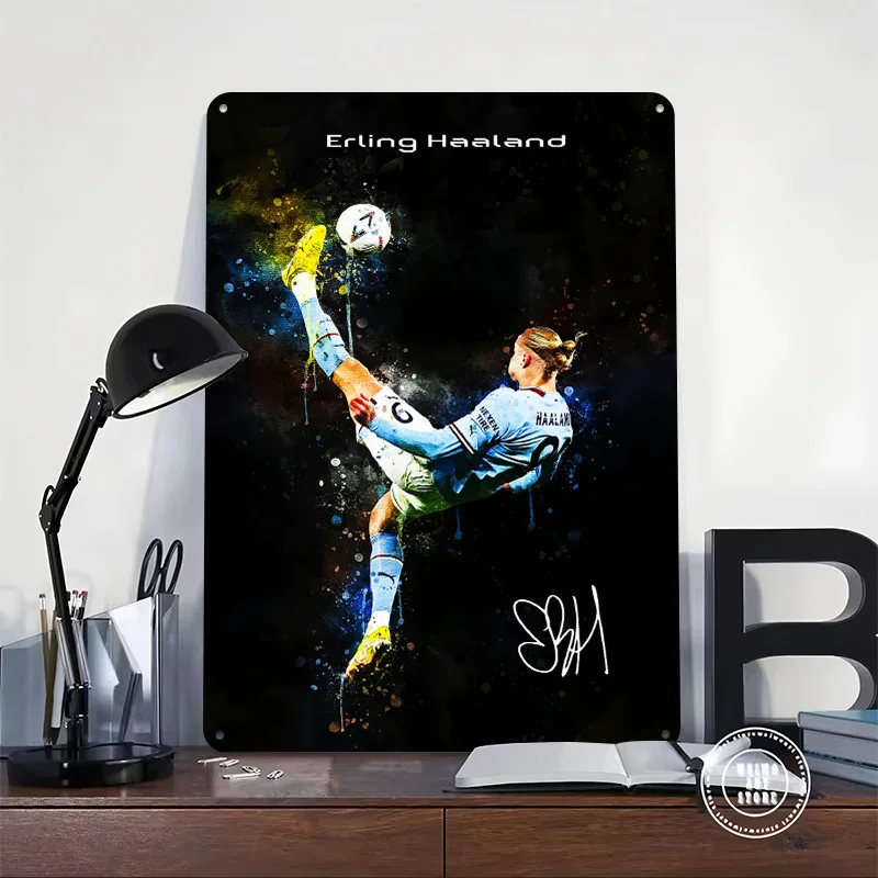 Erling Haaland Soccer Kick Printing Poster Customized Retro Wall Art Vintage Metal Signs for Fans Interior Accessories Wand Deko