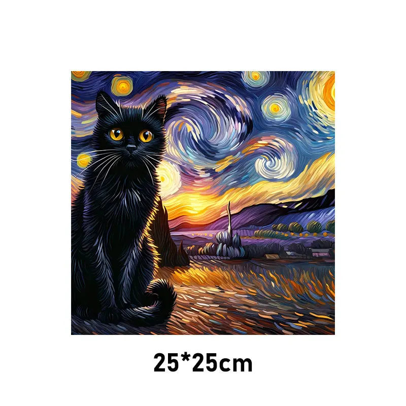 The Cat Under the Starry Sky Heat Transfer Fashion Iron Patch Clothing T-shirt DIY Hoodie Jacket Sticker DTF Patch Is Waterproof