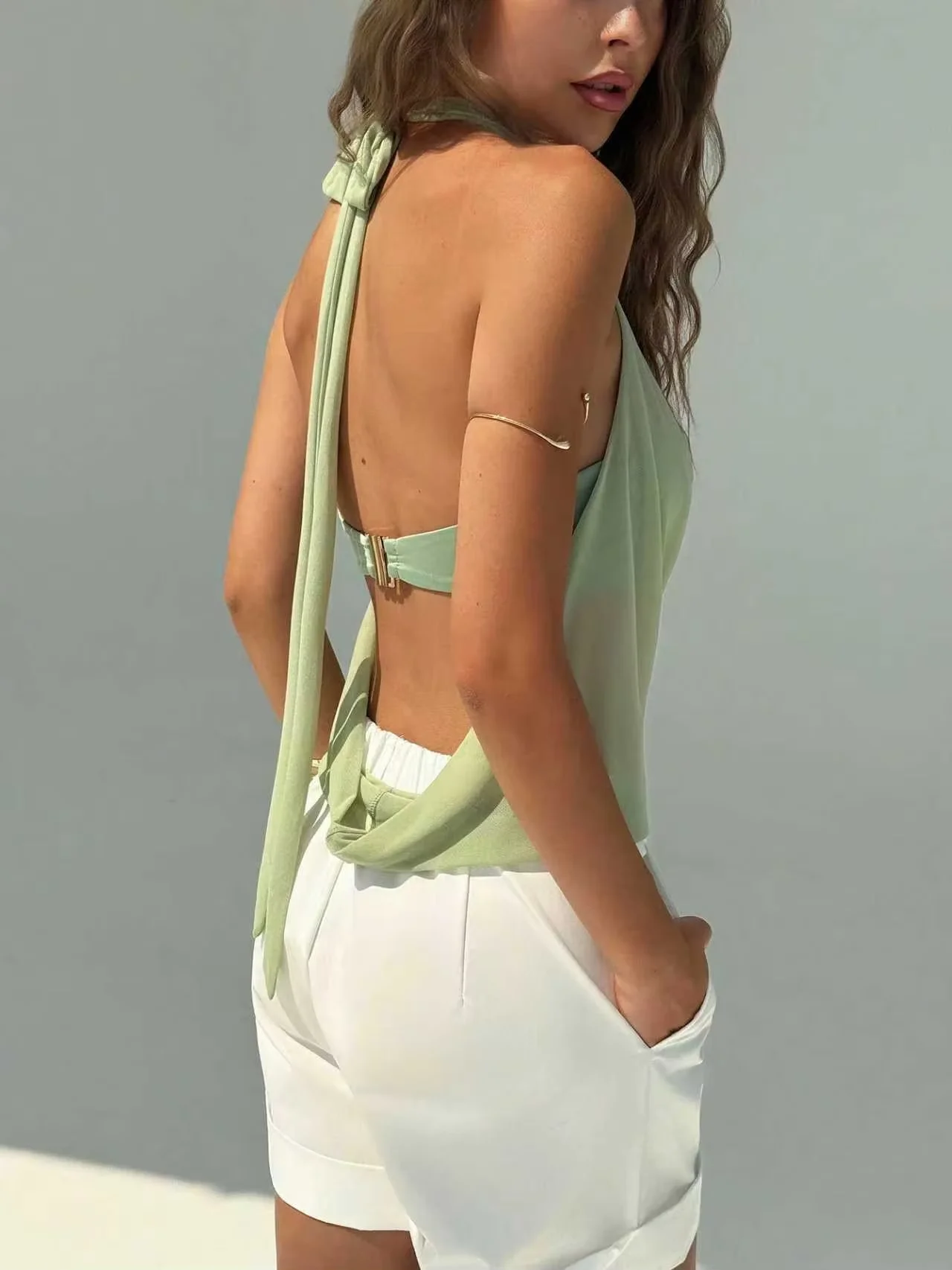 Women's Light Green Summer Vacation Sexy Semi Transparent Hanging Neck Metal Decoration Backless Vest, Shoulder Baring Two-Piece