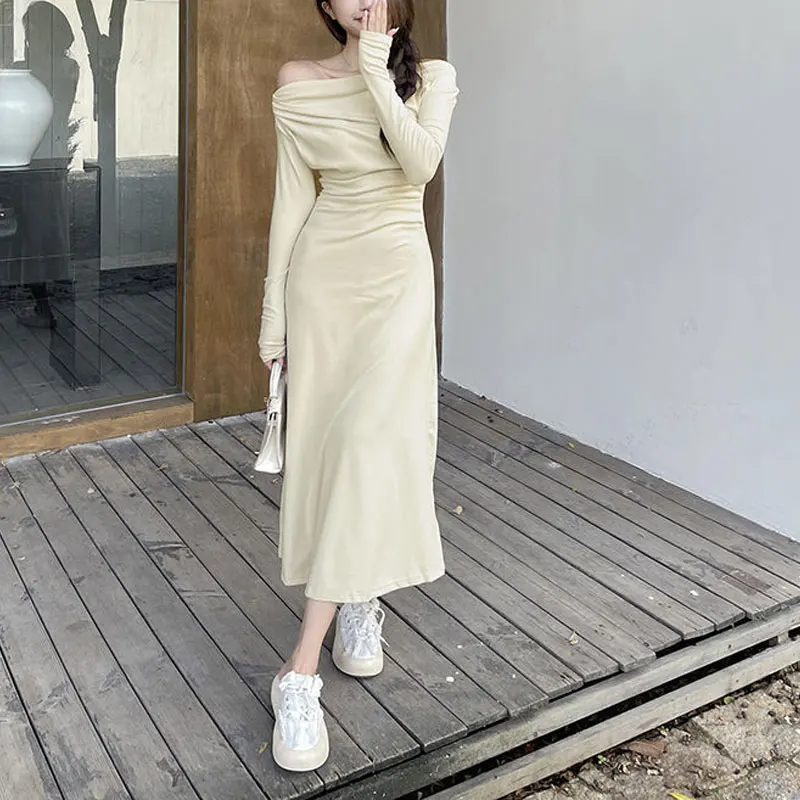 Female Clothing Swinging Collar Midi Dress Gentle Slim Autumn Winter Stylish Folds Aura Solid Color Basic Long Sleeve Dresses