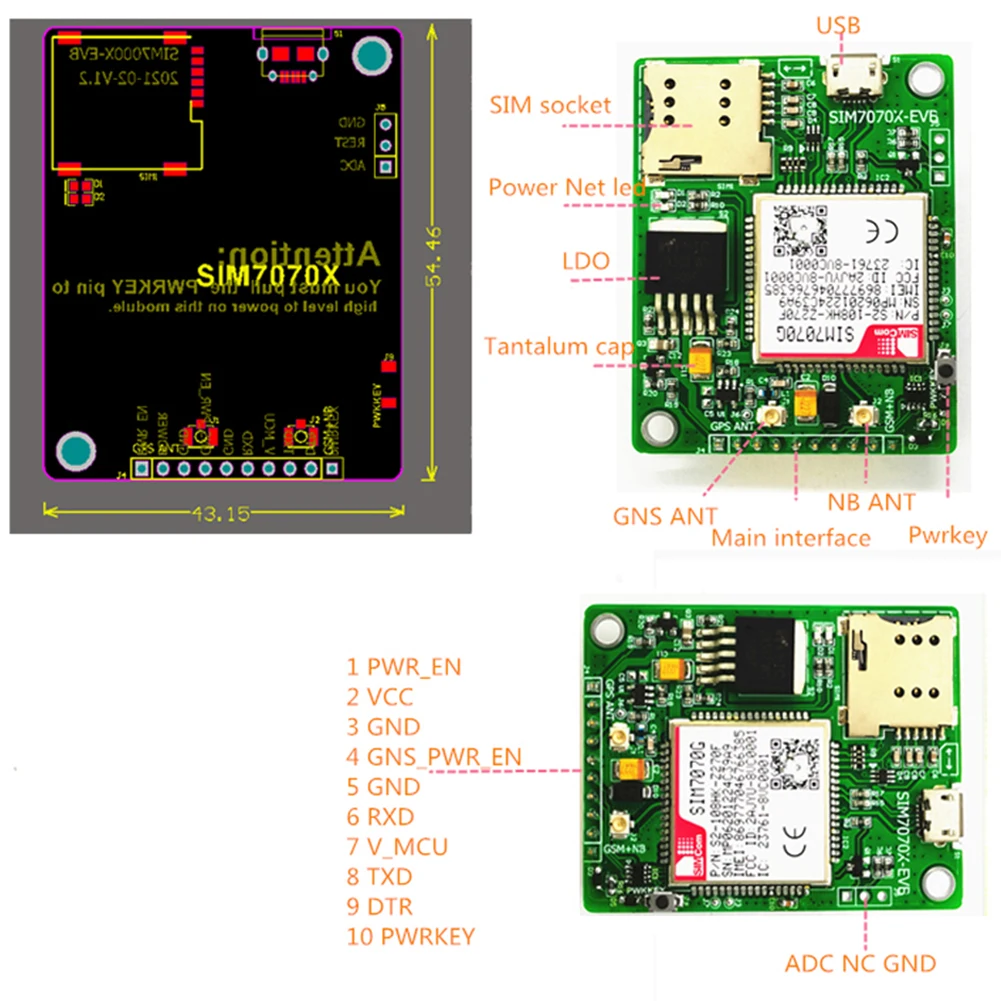 SIM7070G NB-IoT وحدة اندلاع لوح تمديد جي بي آر إس GNSS منخفضة التكلفة اختبار المجلس