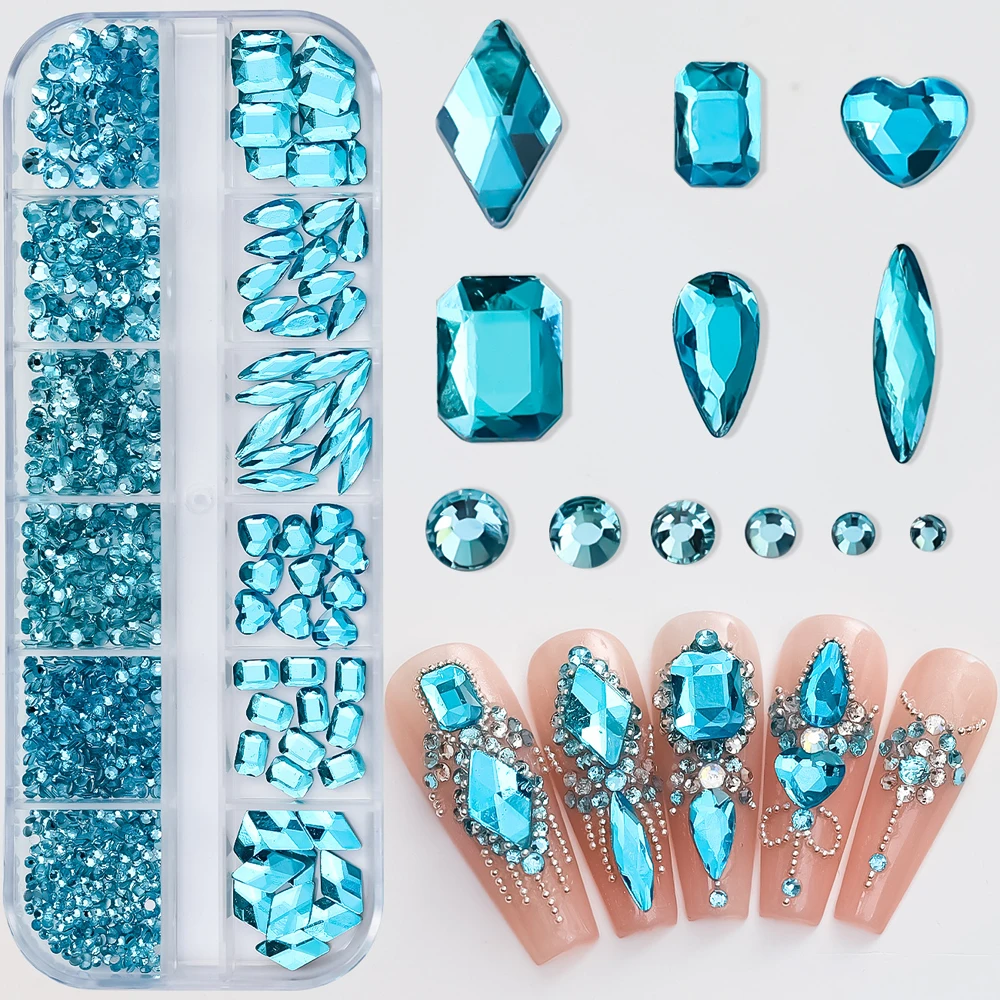 1 boîte (12 grilles) de cristal de verre rose AB, pierre de biscuits, breloque 3D de forme mixte, diamant plat, décoration de luxe pour nail art