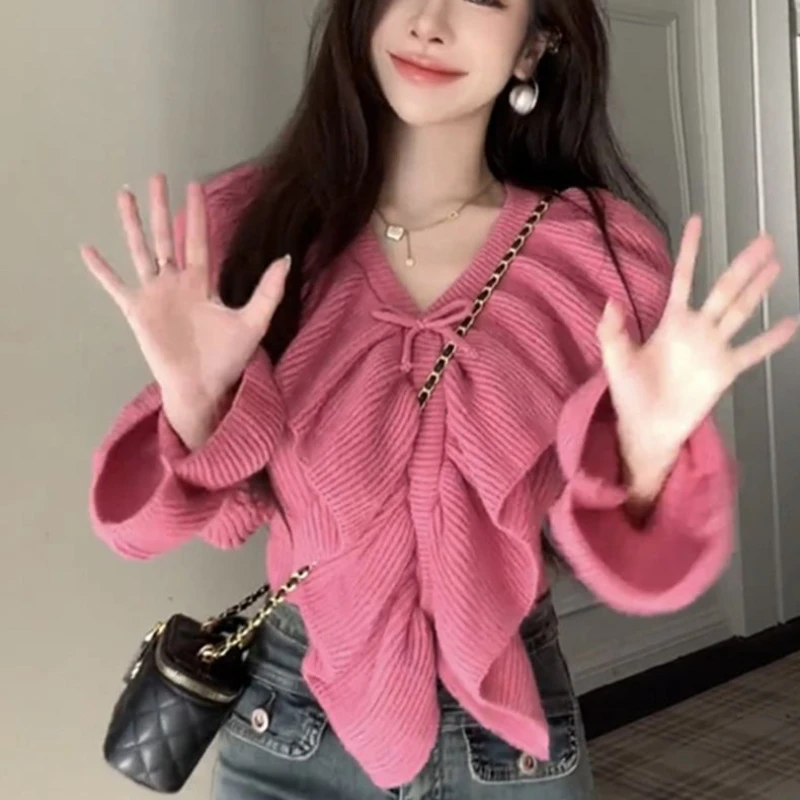 

Women's Autumn and Winter New Versatile Niche Pullovers Top Sweet Spice Girl Gentle Wind Lotus Leaf Edge Design Knitted Sweater