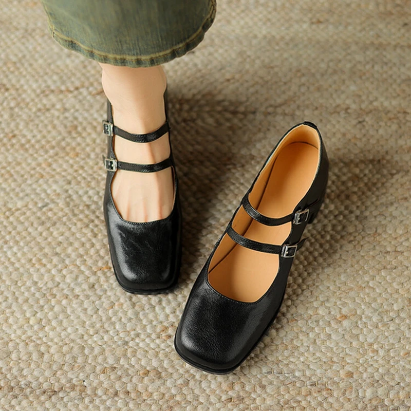 NEW Spring Women Pumps Genuine Leather Shoes for Women Square Toe Chunky Heel Shoes Retro Mid-heel Mary Janes Shoes zaptos mujer