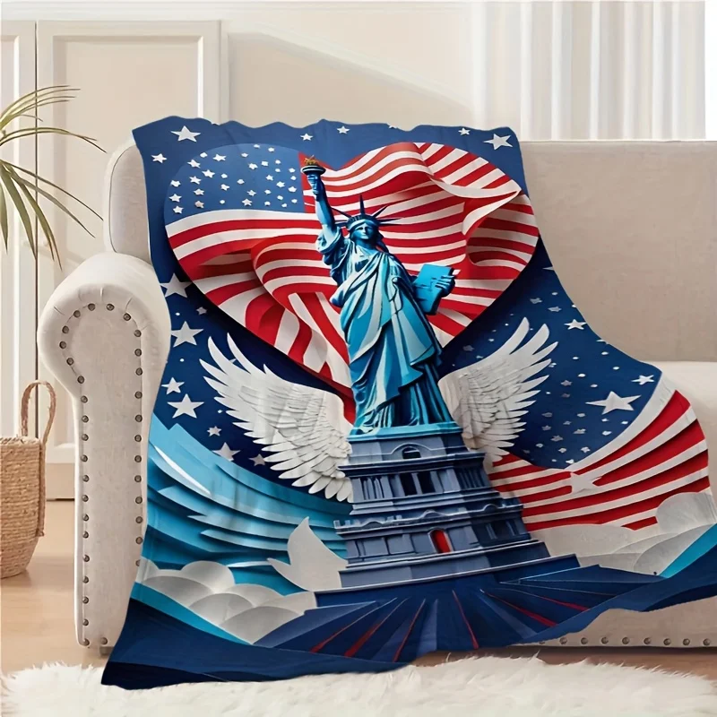 1pc Statue of Liberty Flannel Blanket - Vintage Patriotic Design with American Flag & Stars, All-Season Soft Warmth for Home, Ca
