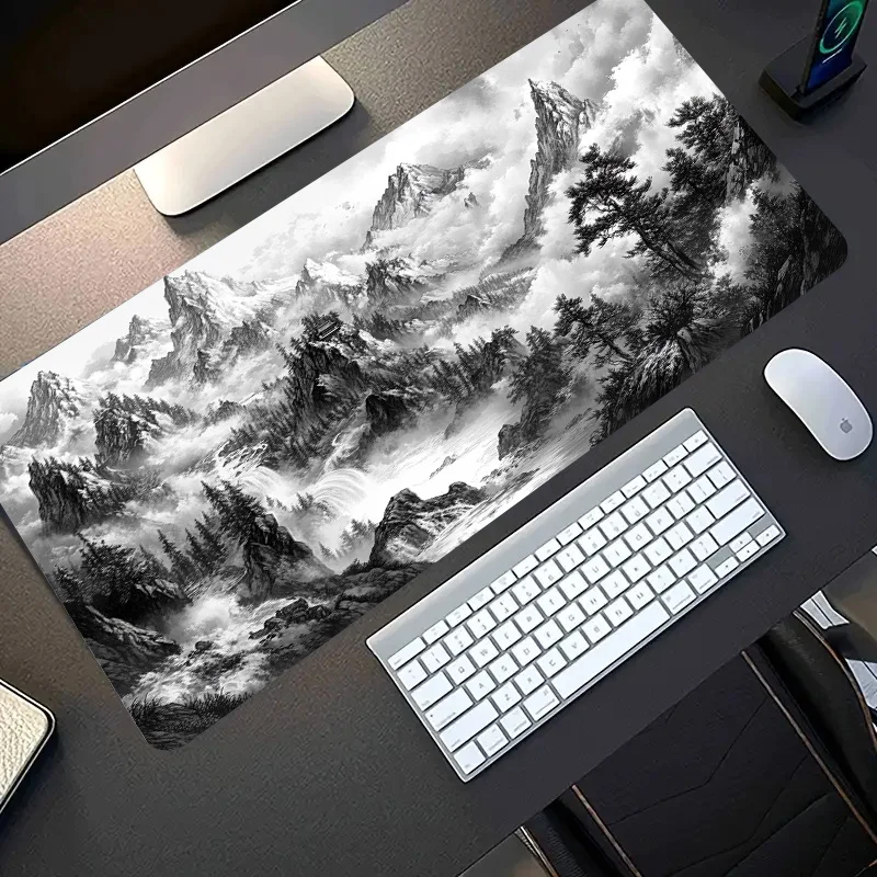 Artistic Monochrome Mountain Range Printed Desk Pad Extra Large Soft Rubber Mouse Pad Minimalist Aesthetic Gaming Mat Multi-Size