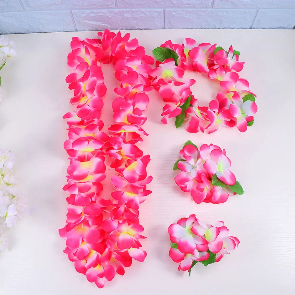 5Pcs Hawaiian Floral Garland Set for Kids Realistic Artificial Flower Leaf Skirt Bracelet Headband Neck Loop Tropical Luau