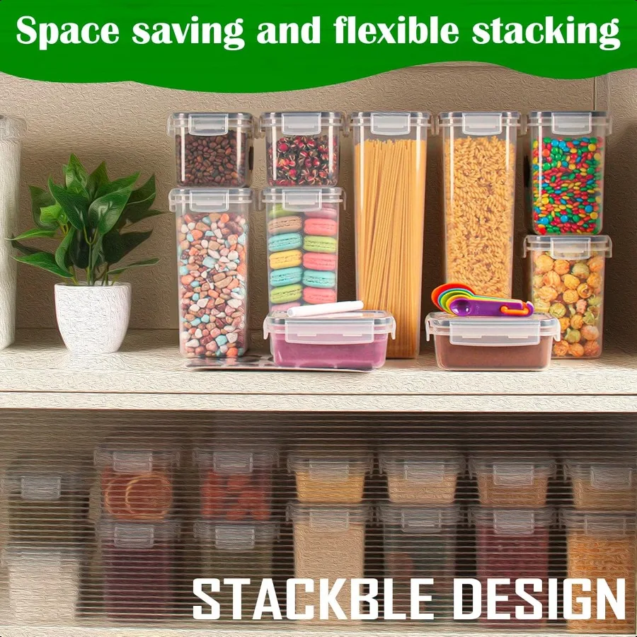Recipientes herméticos de armazenamento de alimentos com tampas, conjunto de 14 organizadores de despensa de cozinha e armazenamento para cereais, farinha, açúcar, macarrão, lanche