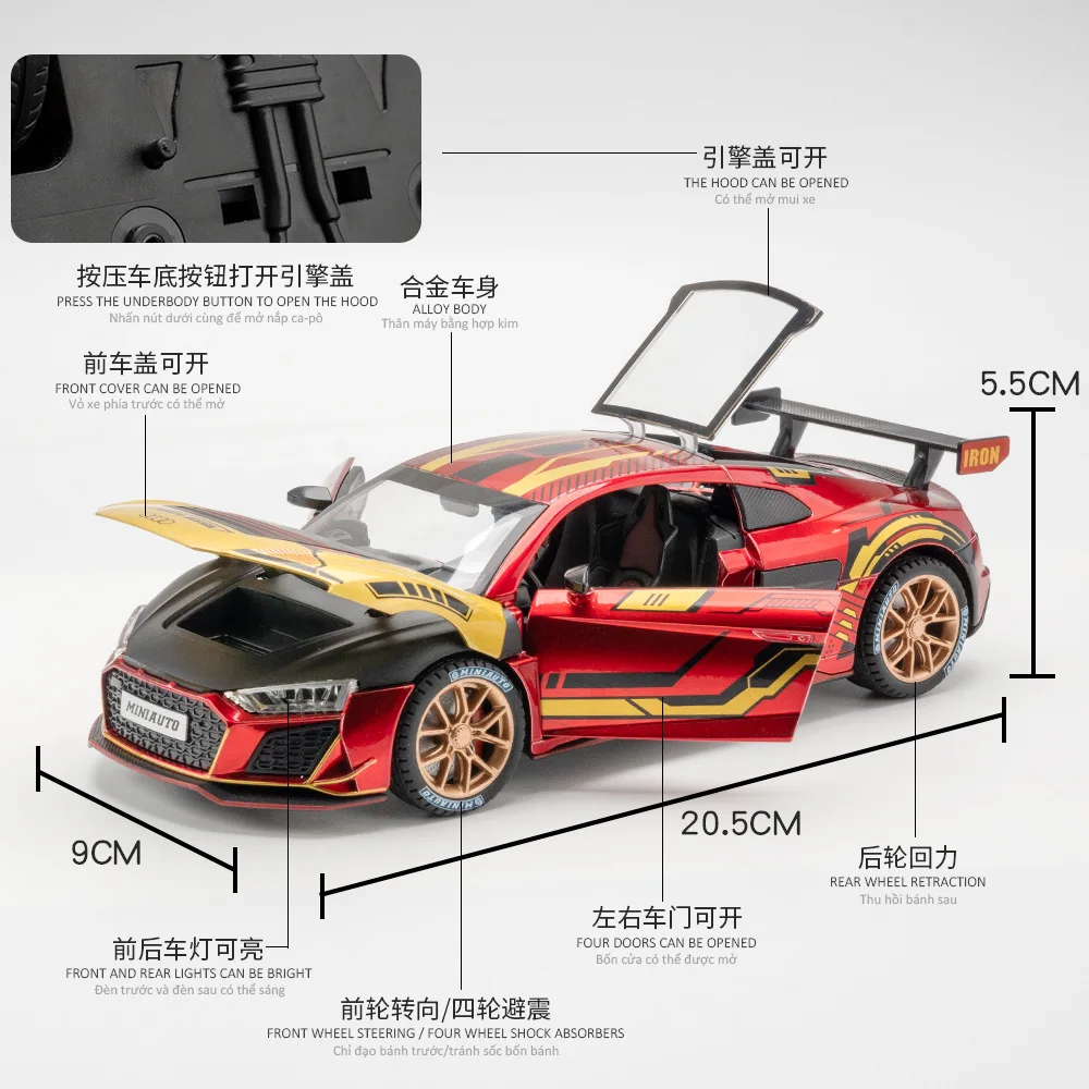 Modelo acústico-óptico de aleación para coche deportivo Audi R8 Track Edition, 1:24, puertas abiertas, coleccionables para niño, el mejor regalo