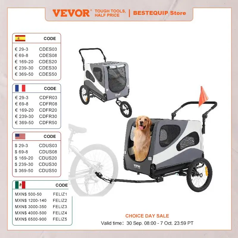 VEVOR Rimorchio Bici per Cani Pieghevole Portata 45 kg Passeggino per Animali Domestici con Ruote a Sgancio Rapido, Attacco Universale per Bici, Carrello per Bici Traino Rimorchio Animali Nero/Grigio