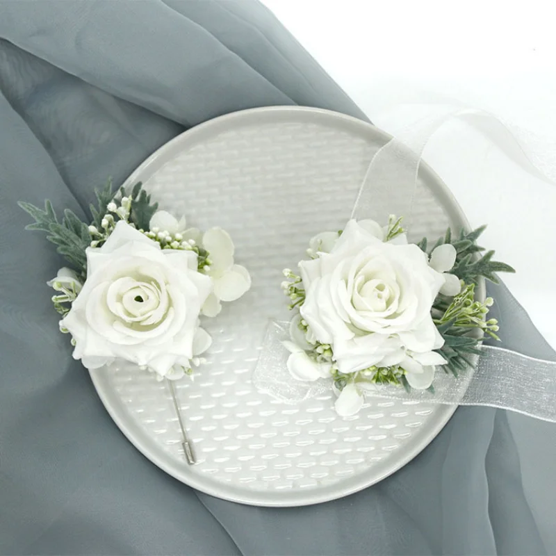 Casamento Corsage Boutonnieres White Rose Silk Vintage Broche Partido Nupcial Decoração Acessórios einsteckblume hochzeit